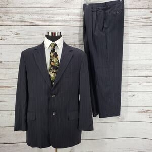 Christian Brooks Men's Blue Navy Pinstriped Wool 2Piece Suit Pants Set Size 42R